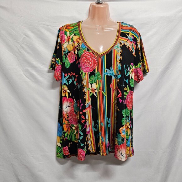 Johnny Was Floral V Neck Top Tee Women Size XL Bamboo - Picture 3 of 15